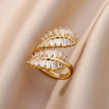 New AAA White Zircon Crystals Layered Leaf Stainless Steel Gold Plated Plant Rings - Fashion Aesthetic Jewellery - The Jewellery Supermarket